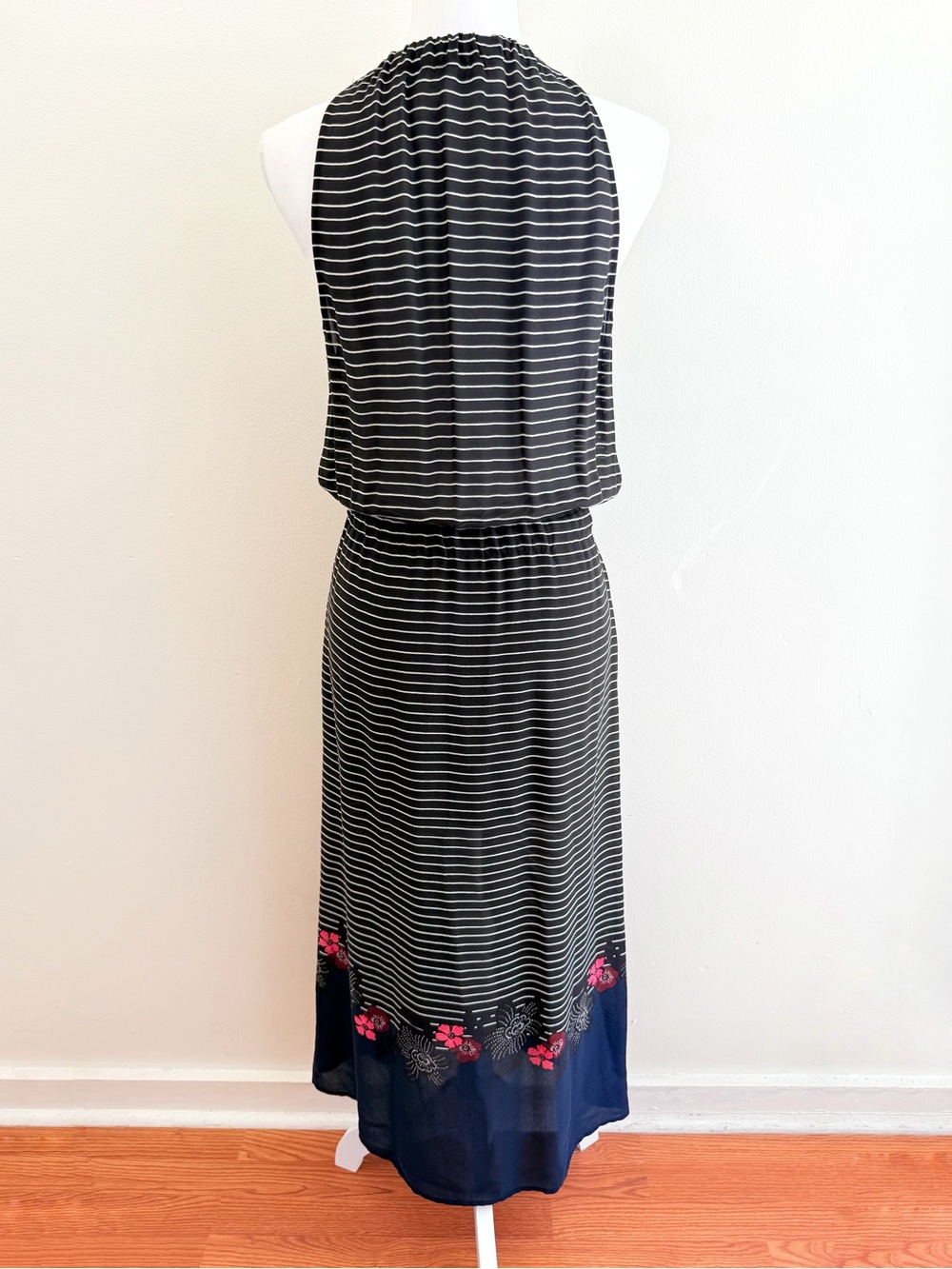 A.L.C ALC silk black white stripe cinch tie waist halter floral trim maxi dress - Picture 4 of 15